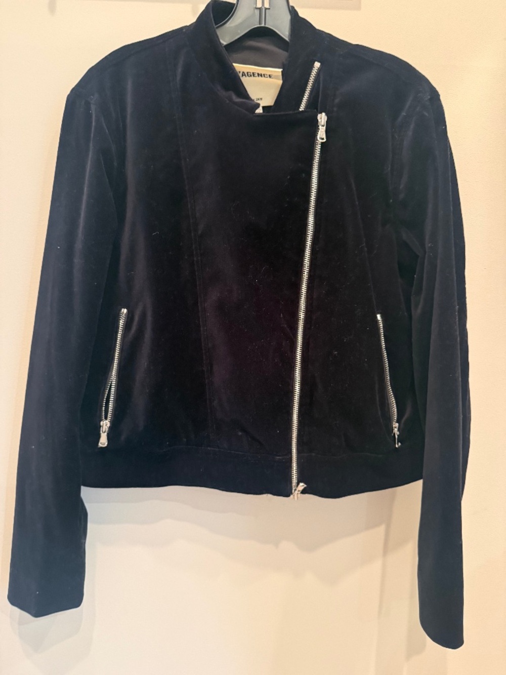L'Agence  Devon Black velvet Moto Jacket with silver zippers size medium.
